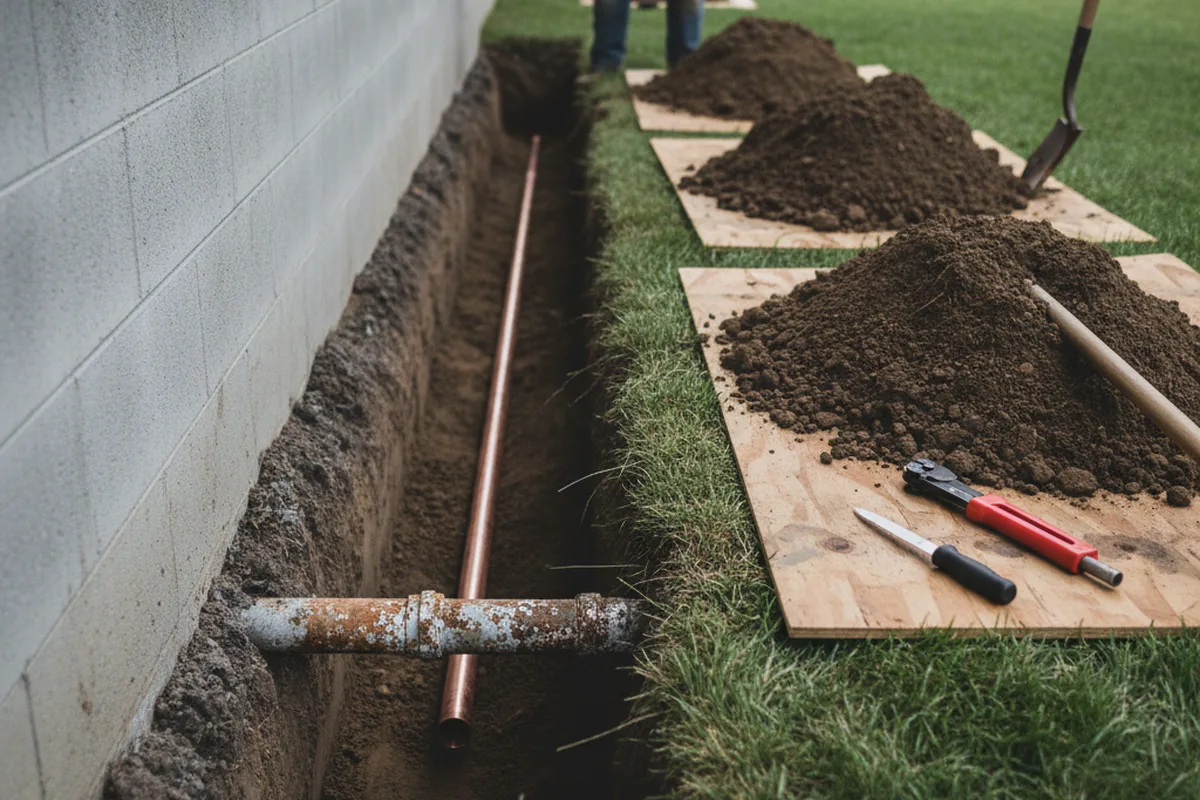 Excavated water line trench during Water Softener Installation in Rathdrum